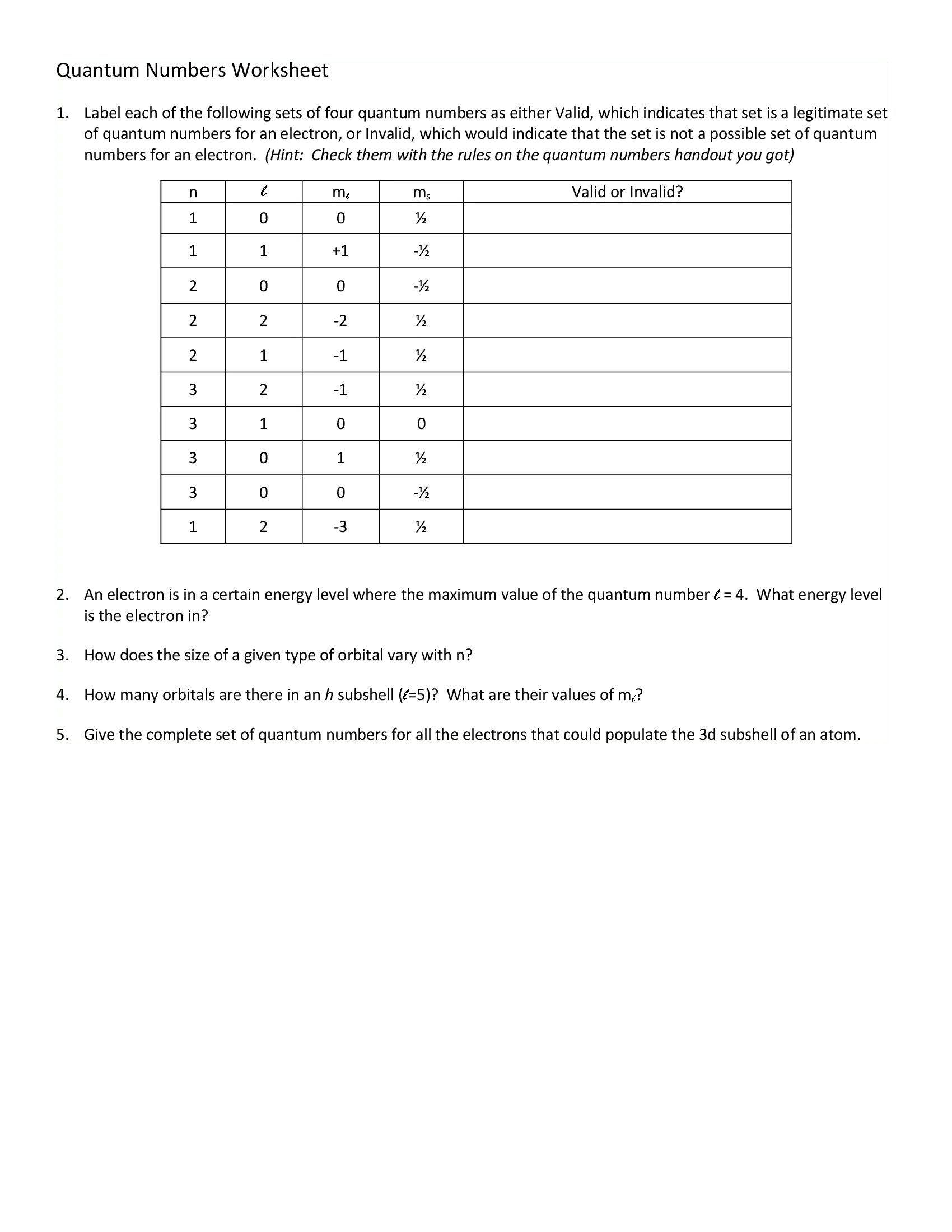 OneClass: Need help with this: Quantum Numbers Worksheet Label Inside Quantum Numbers Worksheet Answers